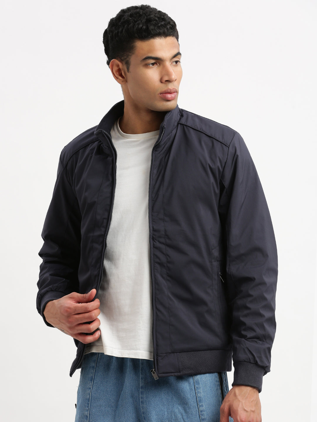 Men Mock Collar Navy Blue Solid Bomber Jacket