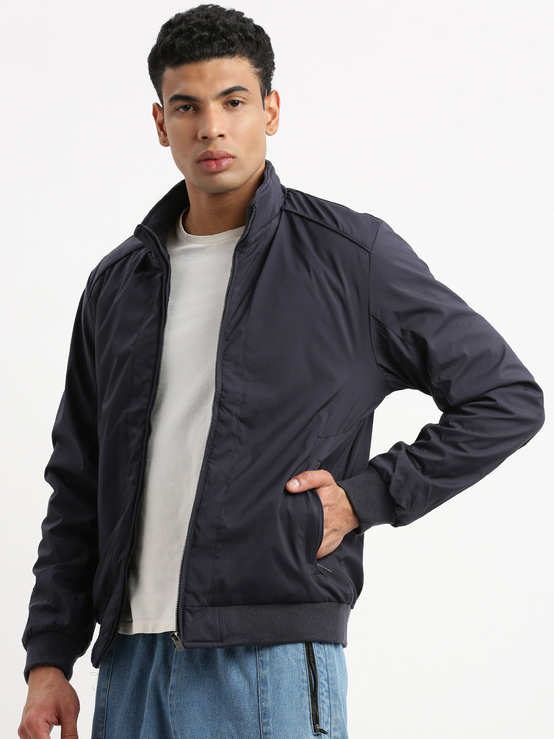 Men Mock Collar Navy Blue Solid Bomber Jacket