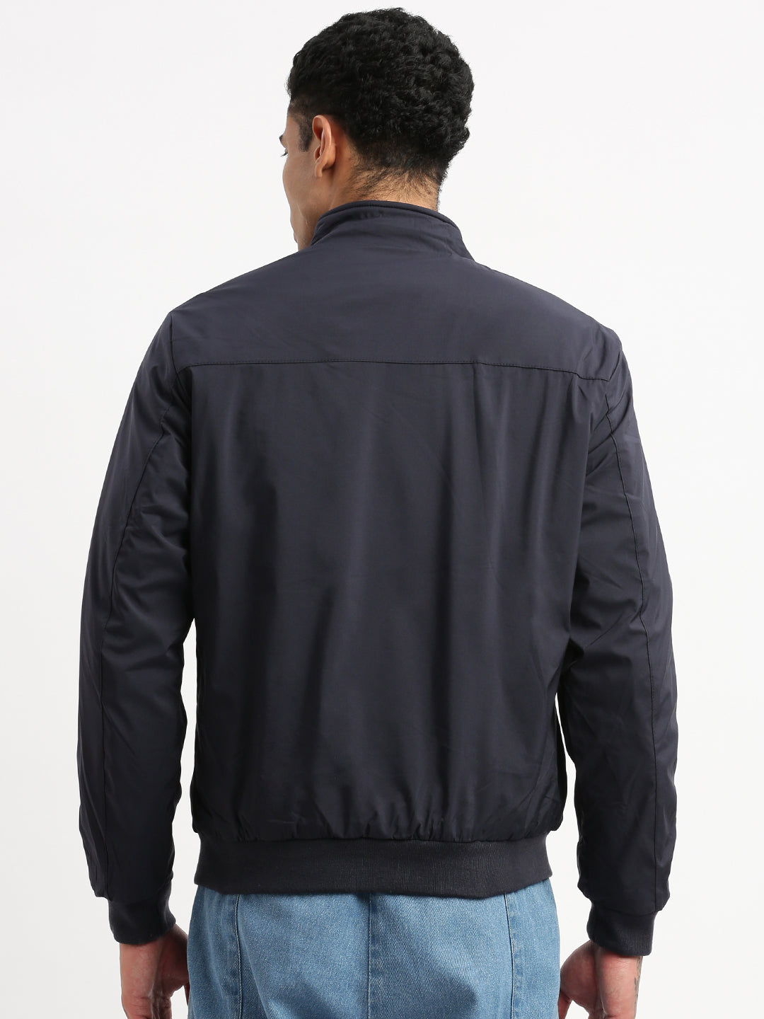 Men Mock Collar Navy Blue Solid Bomber Jacket