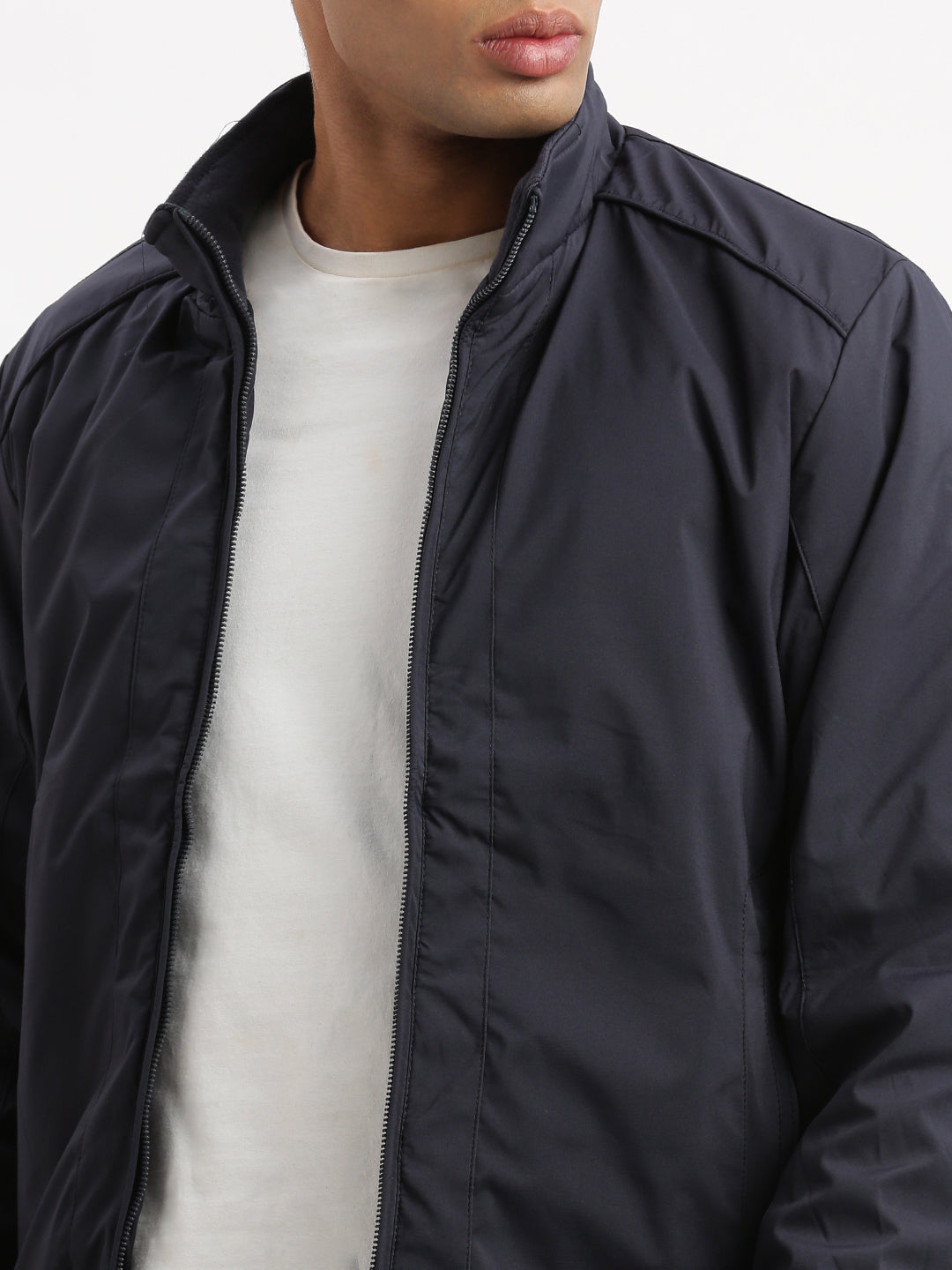 Men Mock Collar Navy Blue Solid Bomber Jacket