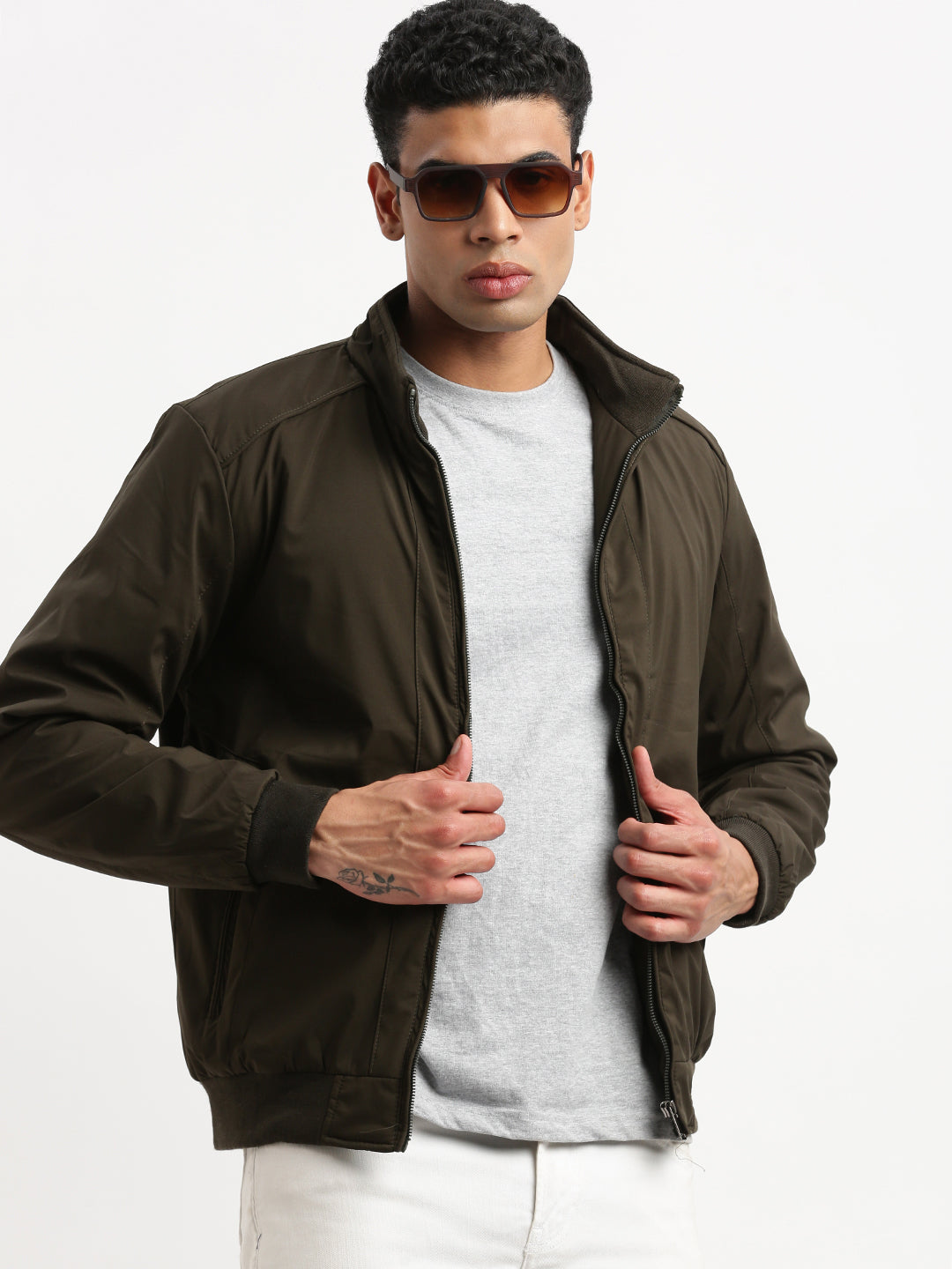 Men Mock Collar Olive Solid Bomber Jacket