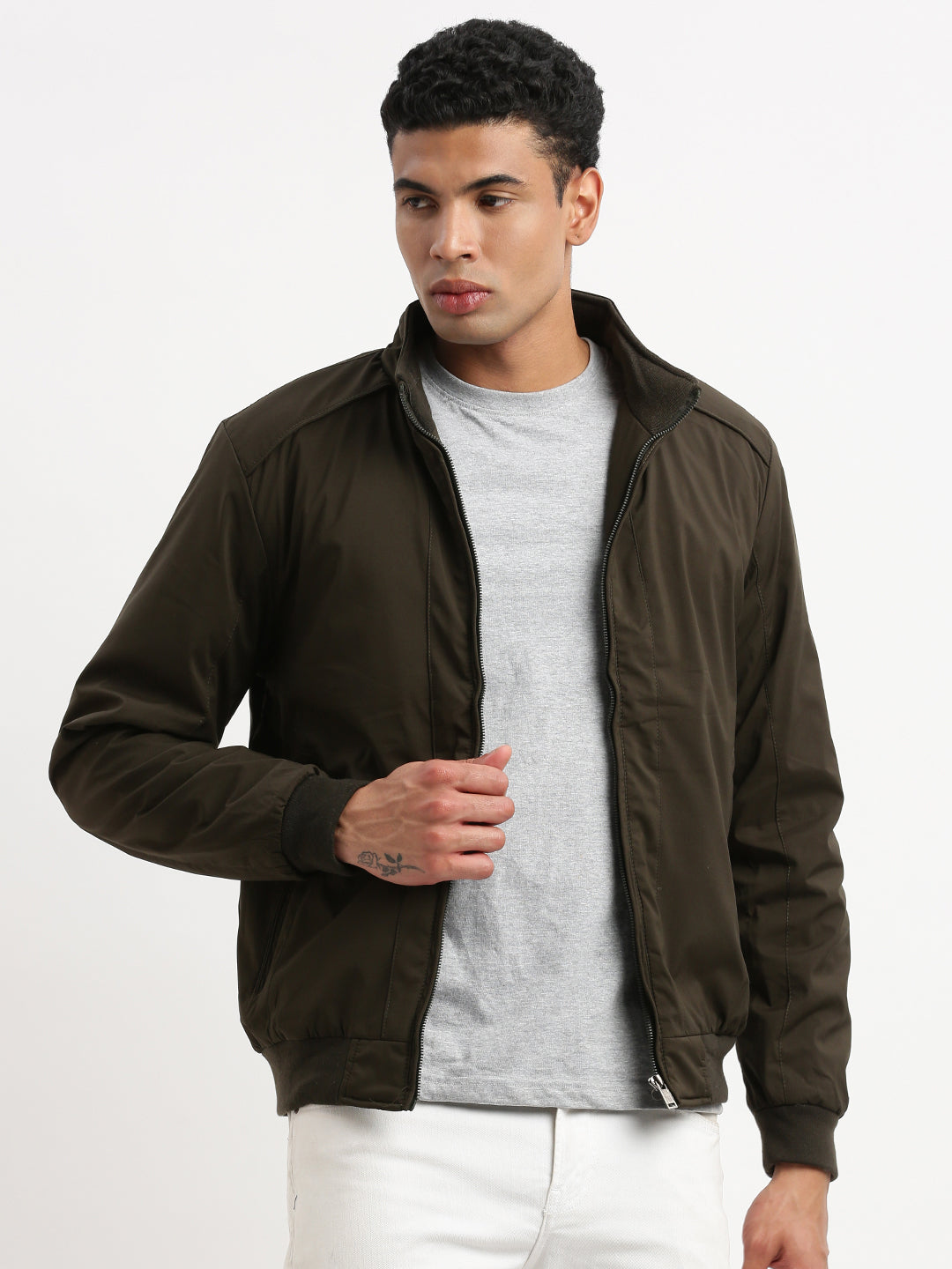 Men Mock Collar Olive Solid Bomber Jacket