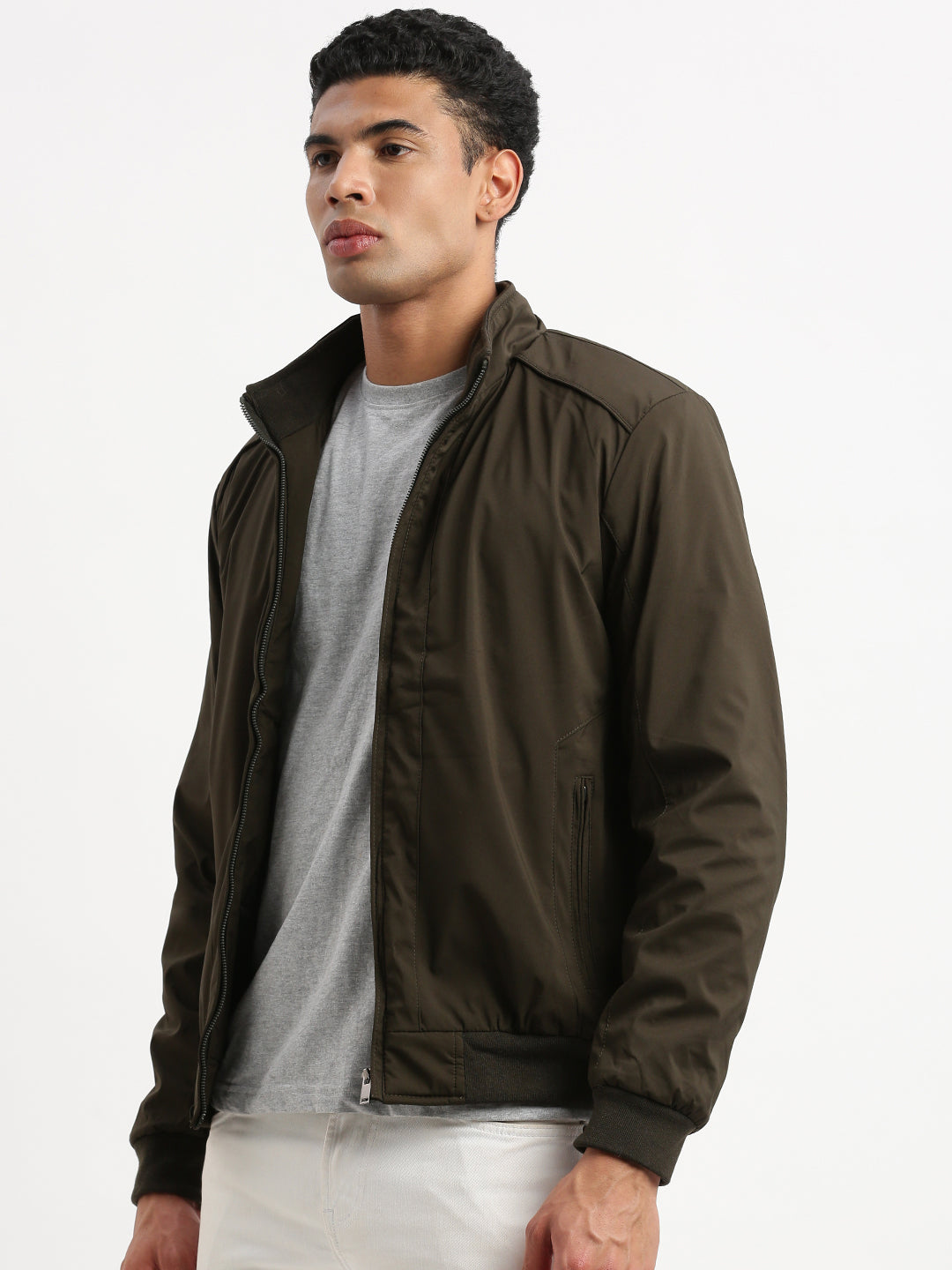 Men Mock Collar Olive Solid Bomber Jacket