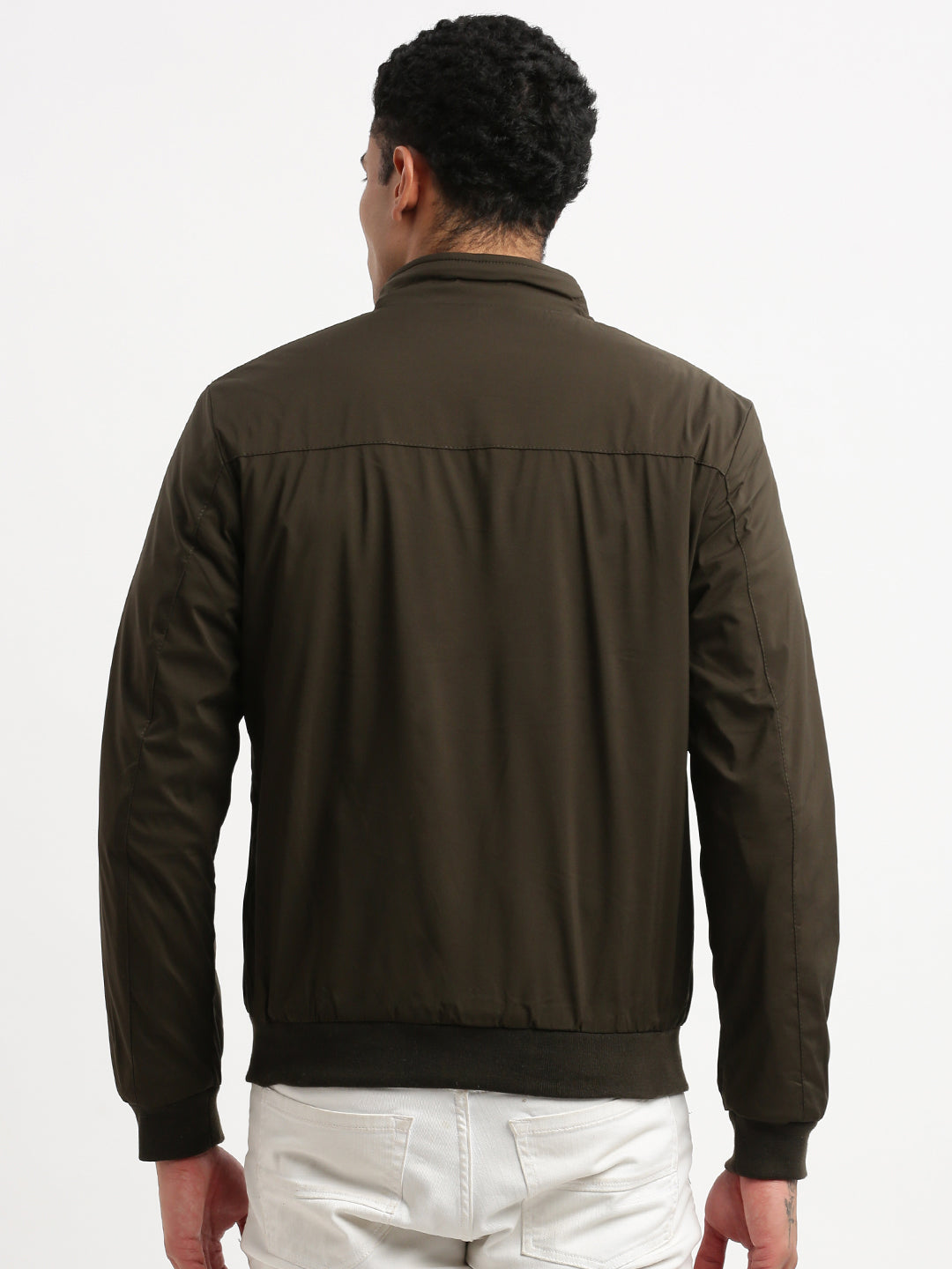 Men Mock Collar Olive Solid Bomber Jacket