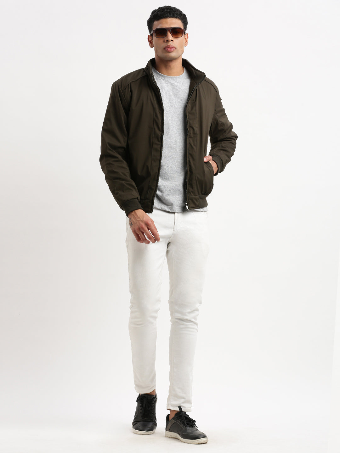 Men Mock Collar Olive Solid Bomber Jacket