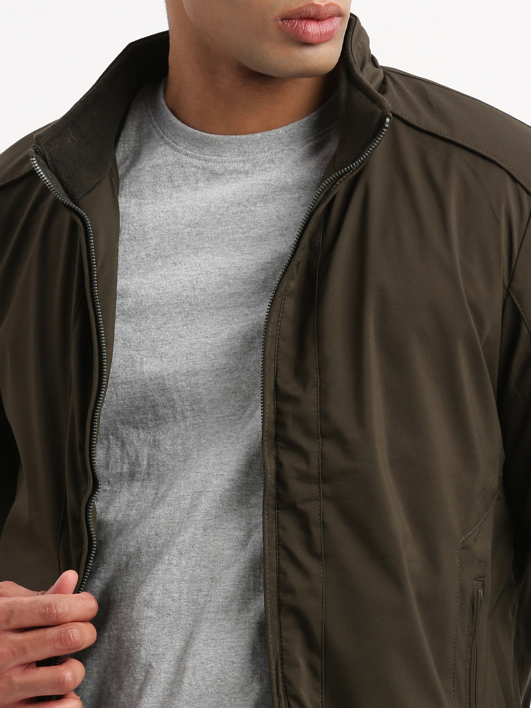 Men Mock Collar Olive Solid Bomber Jacket