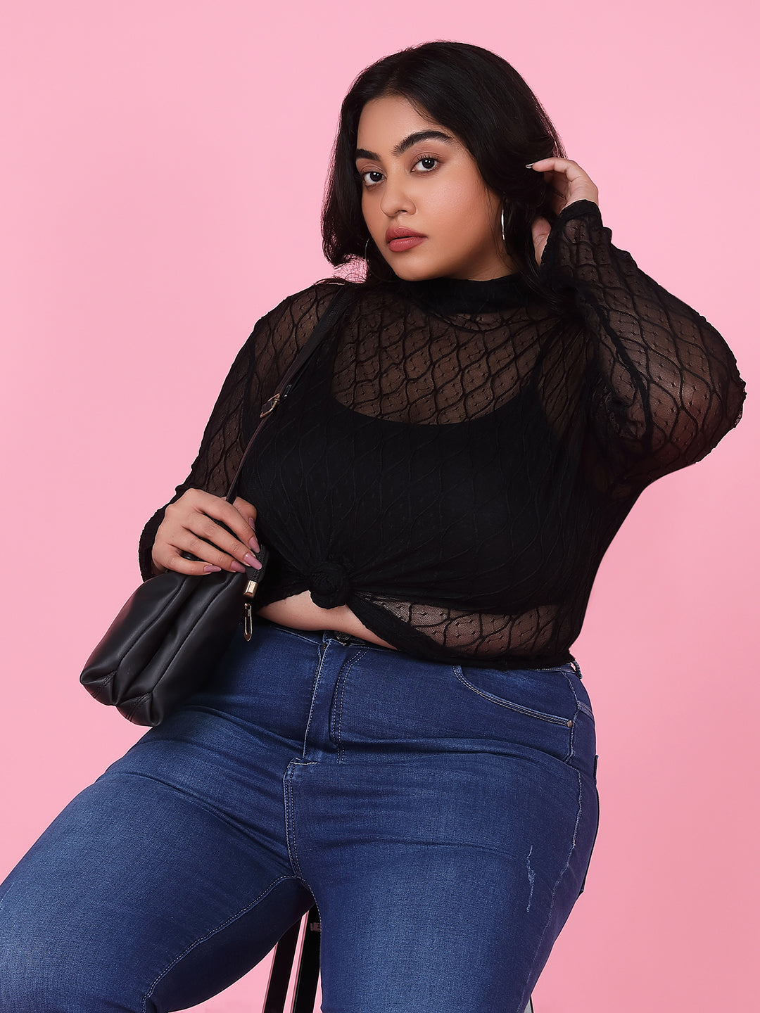 Women's Solid Black Sheer Top