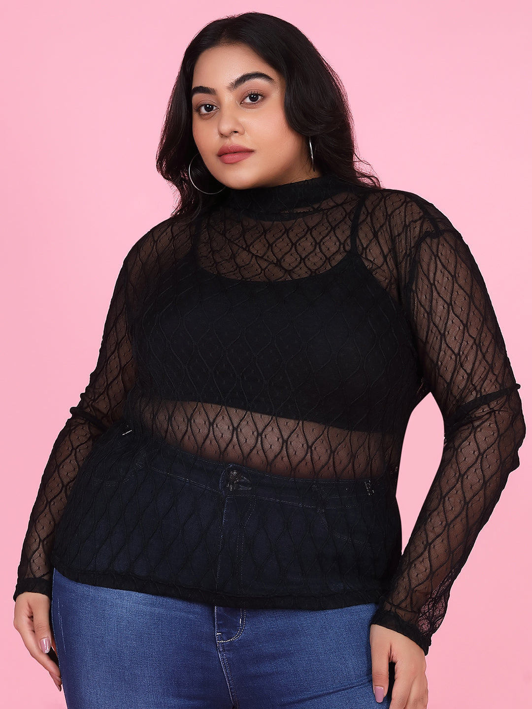 Women's Solid Black Sheer Top