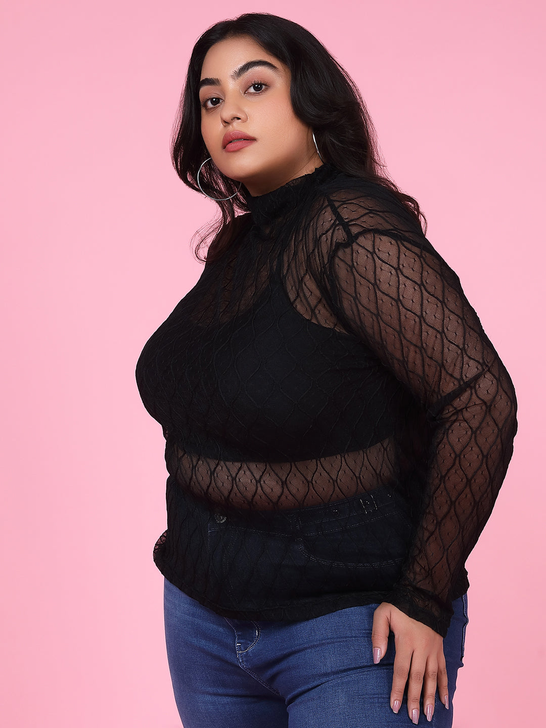 Women's Solid Black Sheer Top