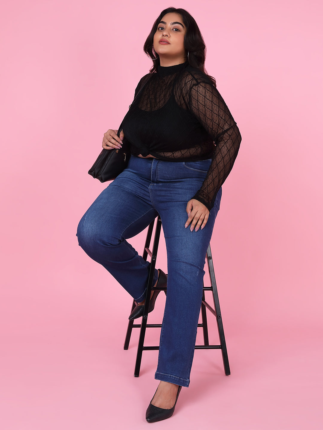 Women's Solid Black Sheer Top