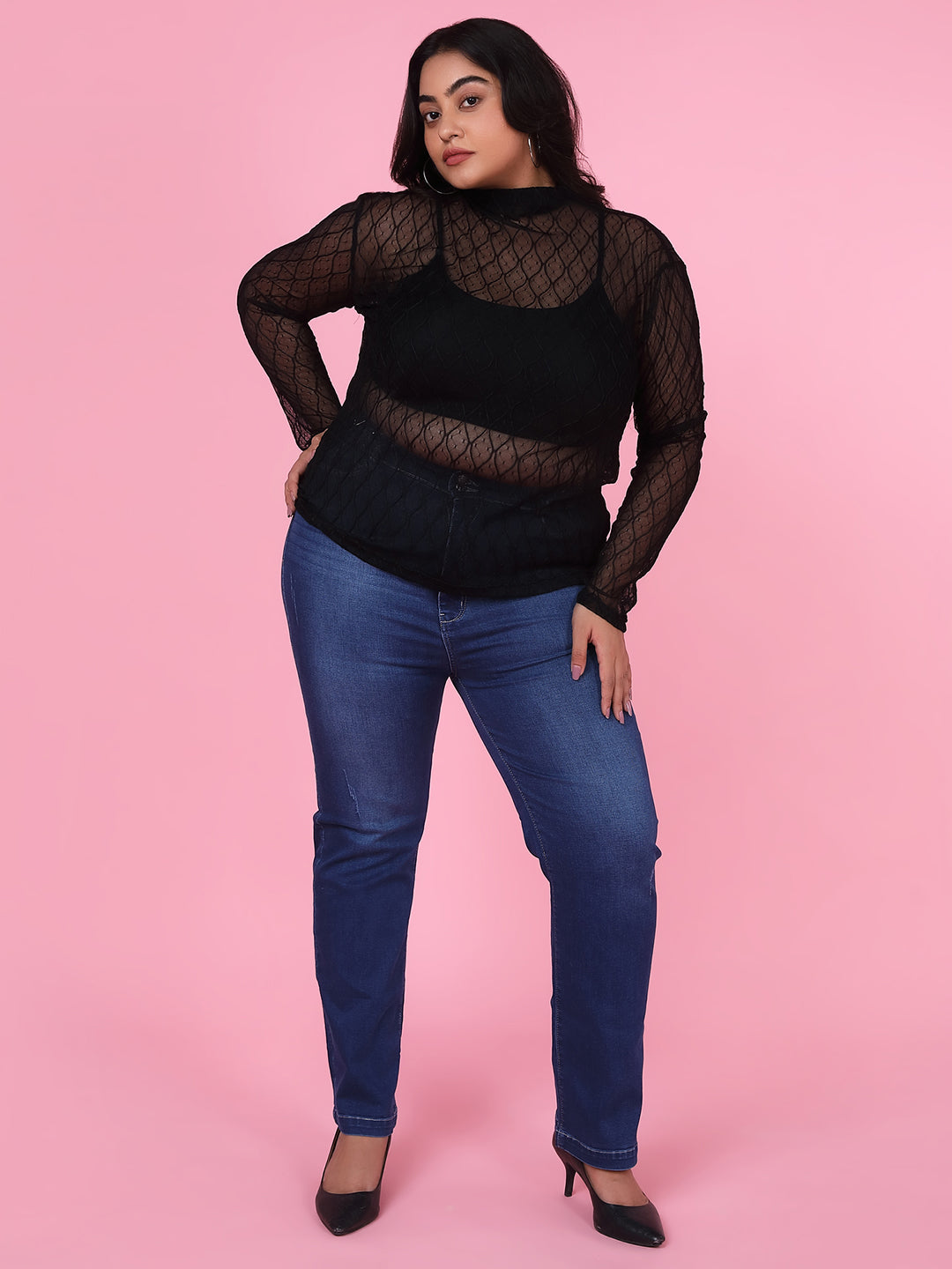 Women's Solid Black Sheer Top