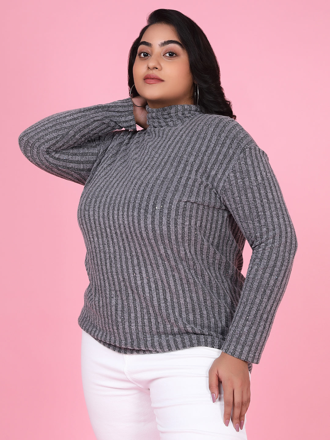 Women Striped Grey Top