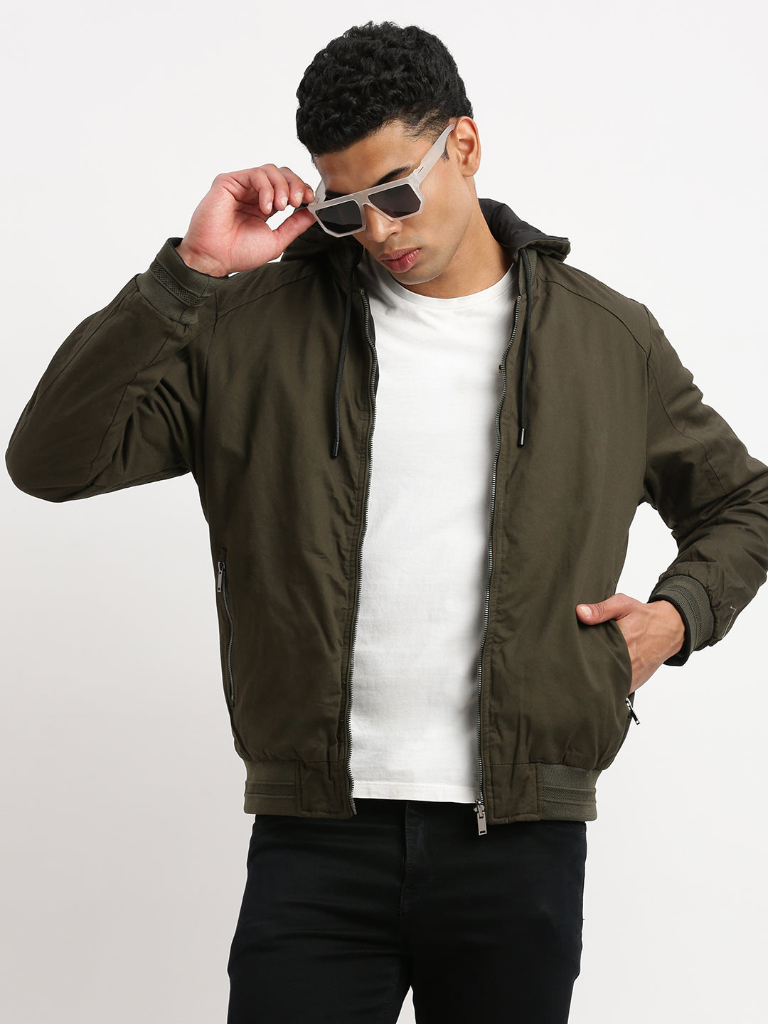 Men Mandarin Collar Green Solid Reversible Bomber Jacket comes with Detachable Hoodie