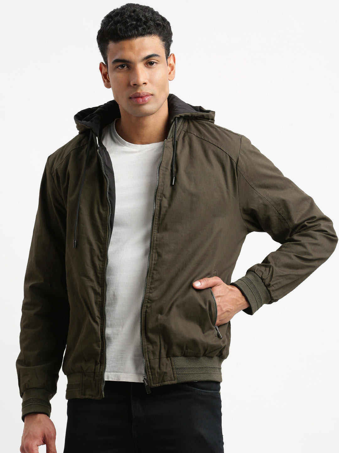 Men Mandarin Collar Green Solid Reversible Bomber Jacket comes with Detachable Hoodie