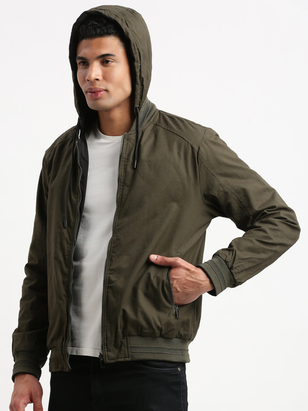 Men Mandarin Collar Green Solid Reversible Bomber Jacket comes with Detachable Hoodie