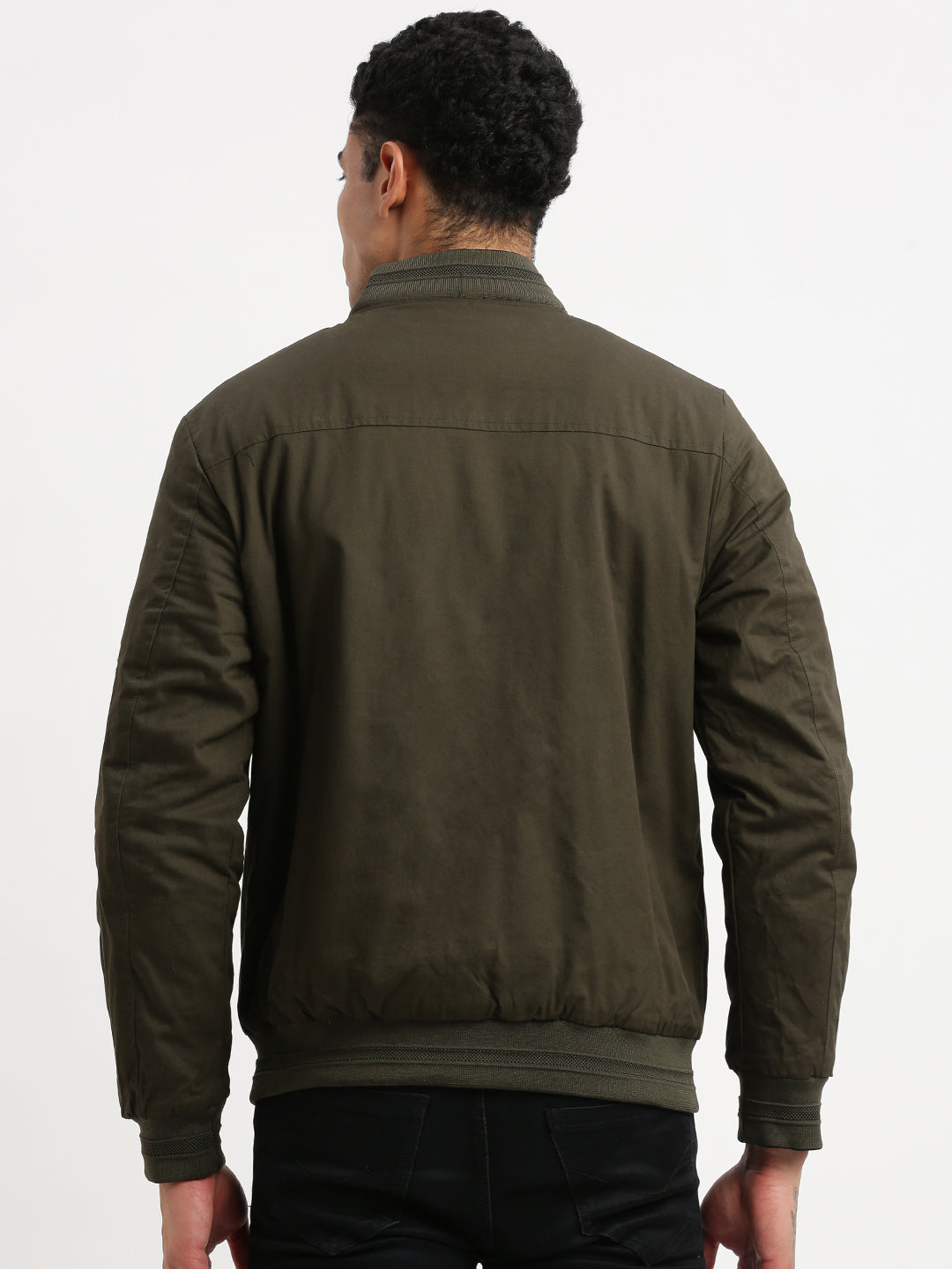 Men Mandarin Collar Green Solid Reversible Bomber Jacket comes with Detachable Hoodie