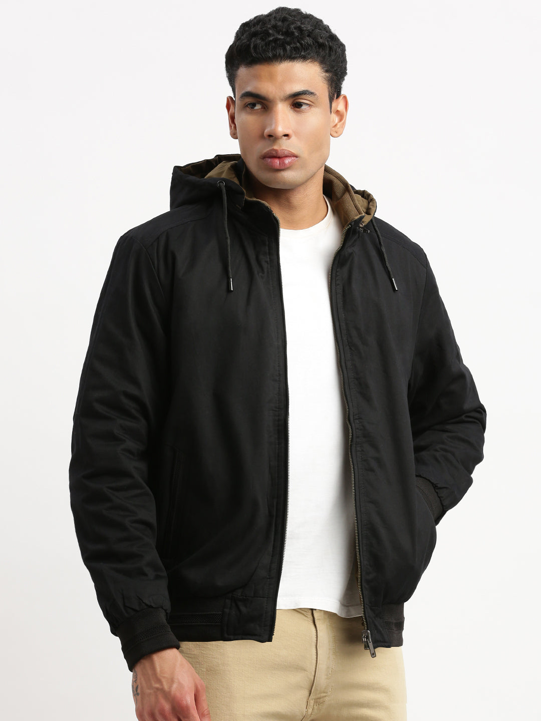 Men Mock Collar Black Solid Reversible Bomber Jacket comes with Detachable Hoodie