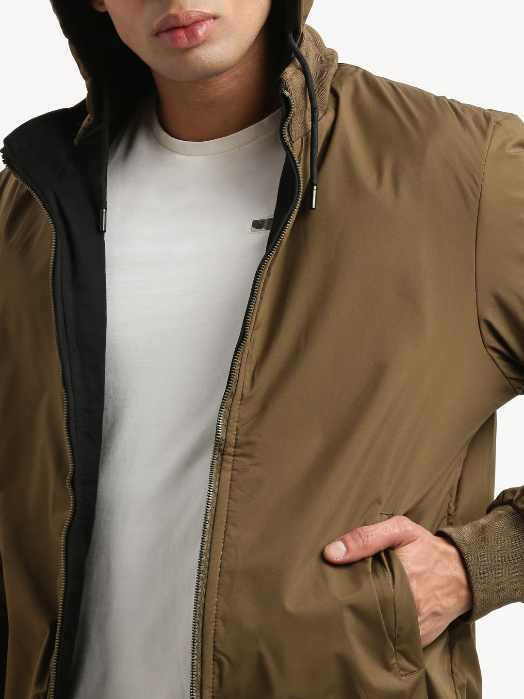 Men Mock Collar Black Solid Reversible Bomber Jacket comes with Detachable Hoodie