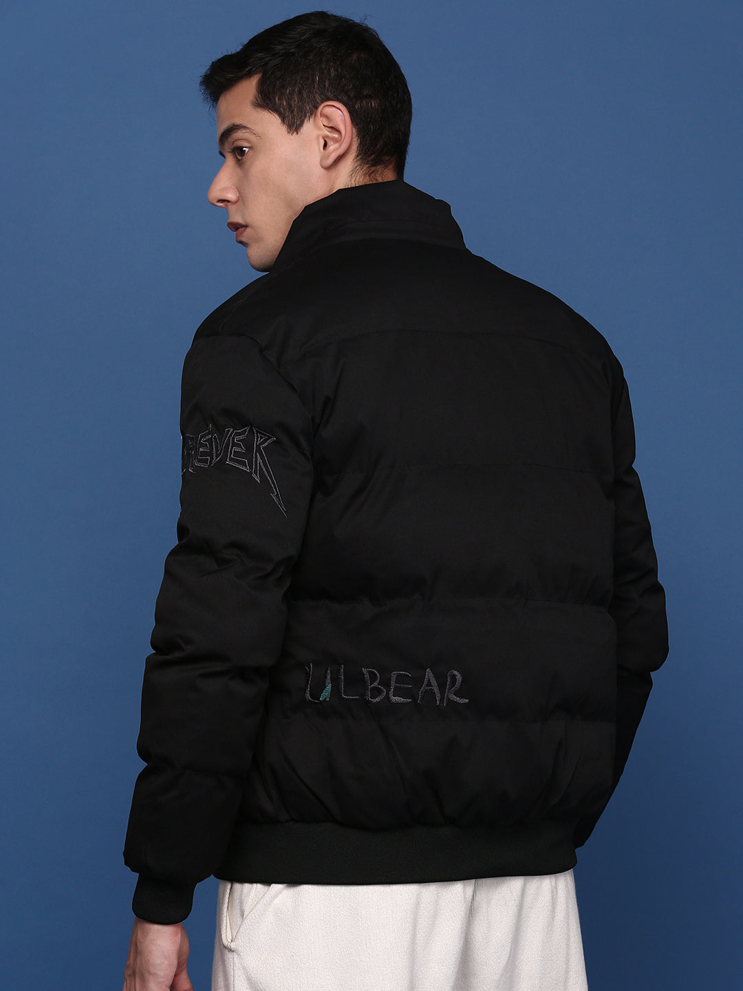 Men Solid Black Puffer Jacket with Hoodie