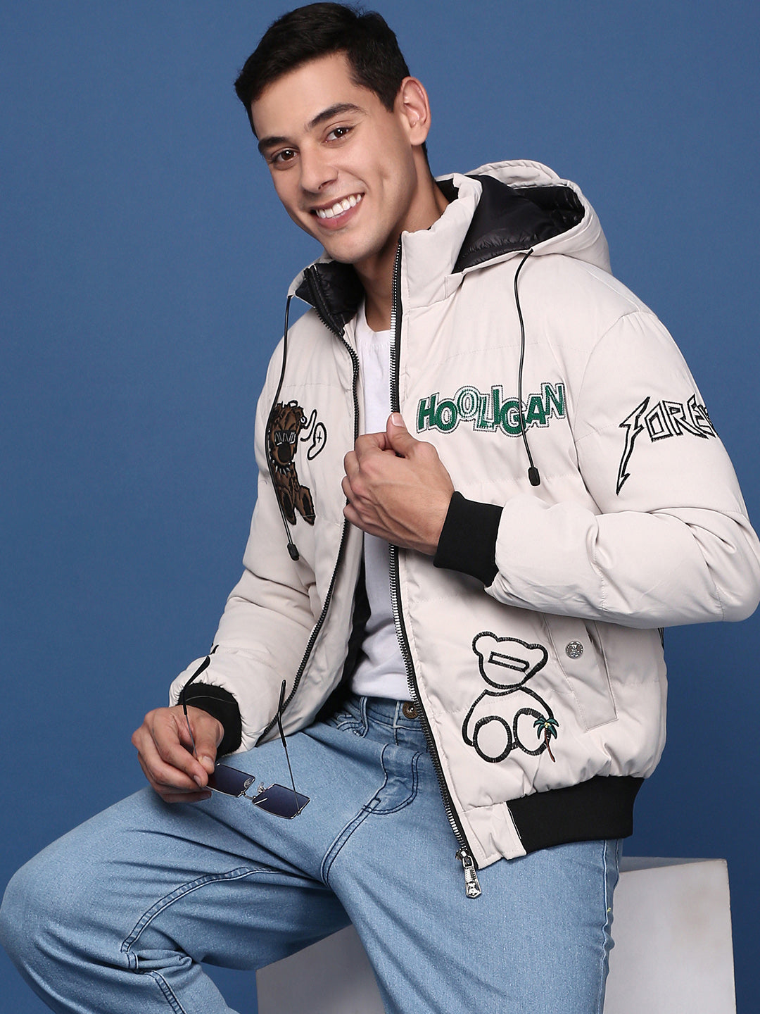 Men Solid Cream Puffer Jacket with Hoodie