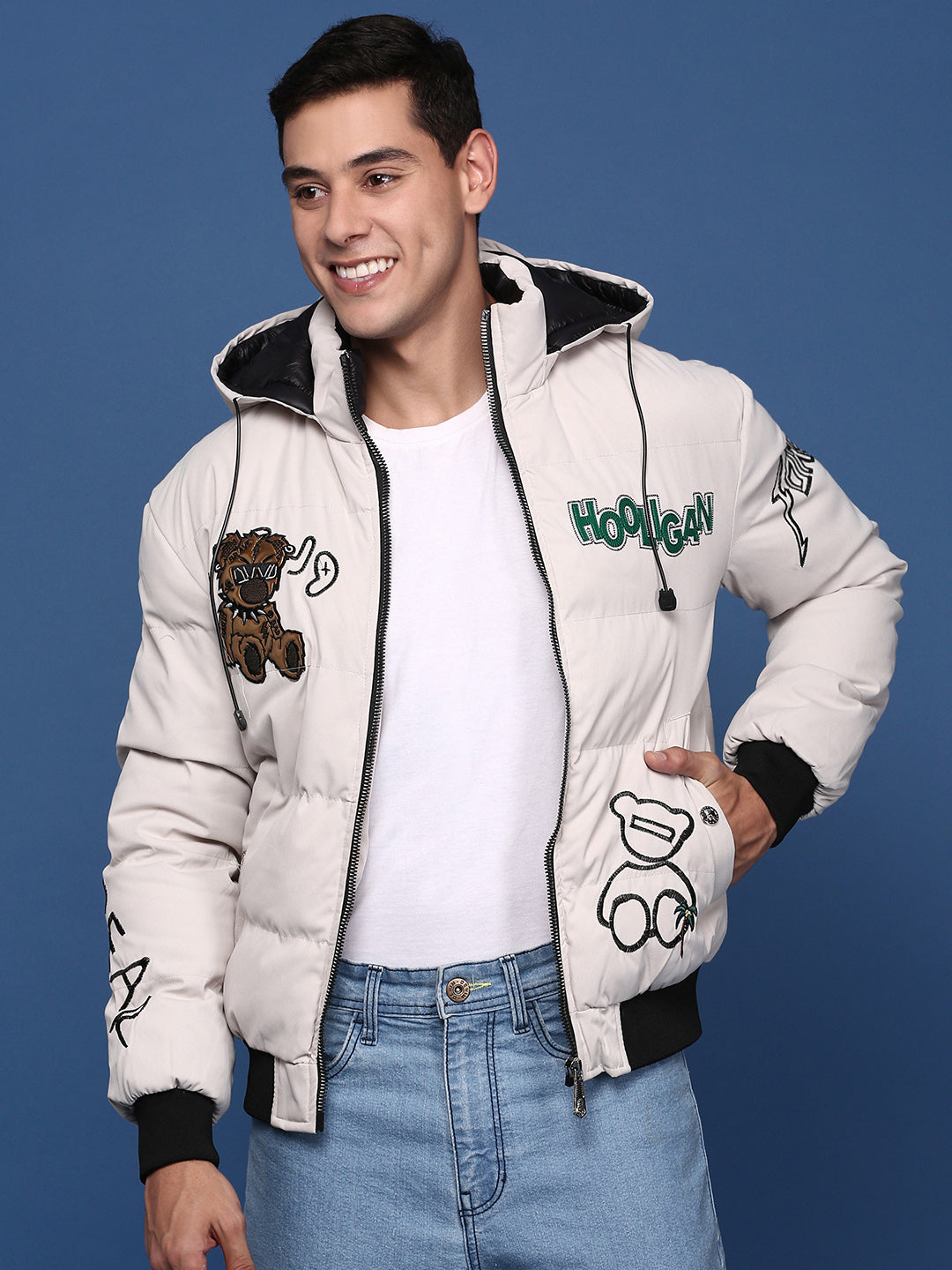 Men Solid Cream Puffer Jacket with Hoodie