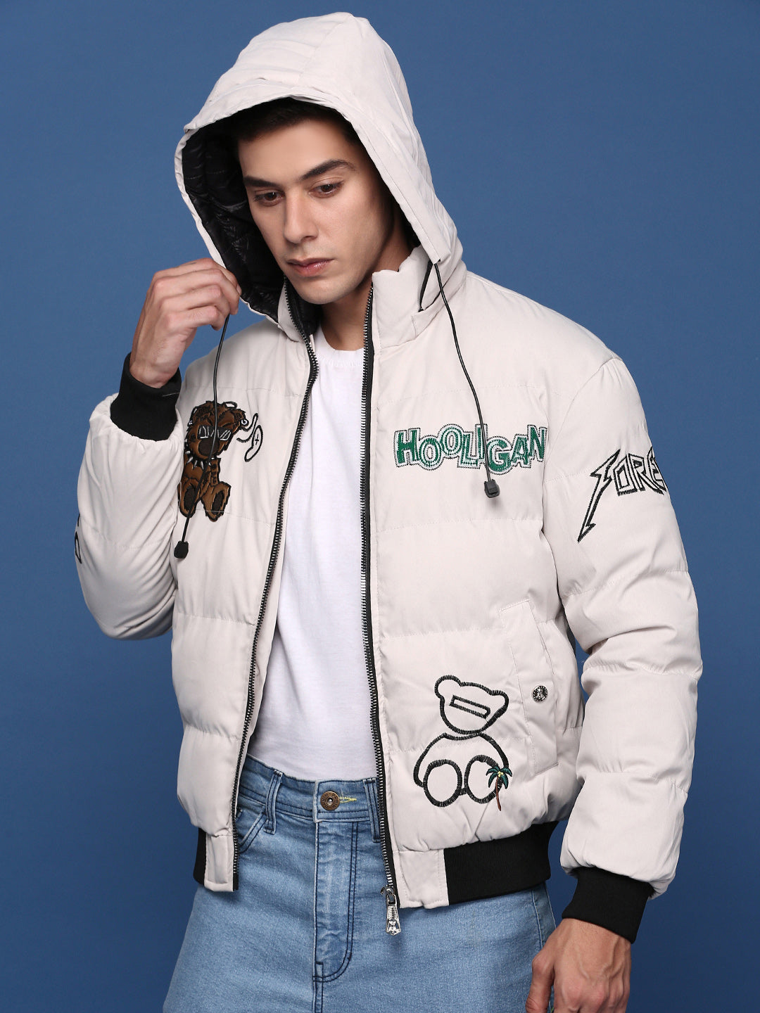 Men Solid Cream Puffer Jacket with Hoodie