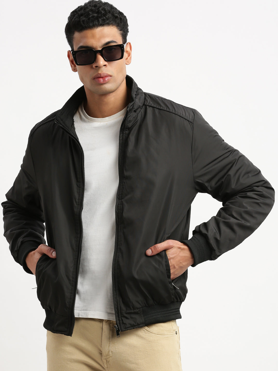 Men Mock Collar Black Solid Bomber Jacket