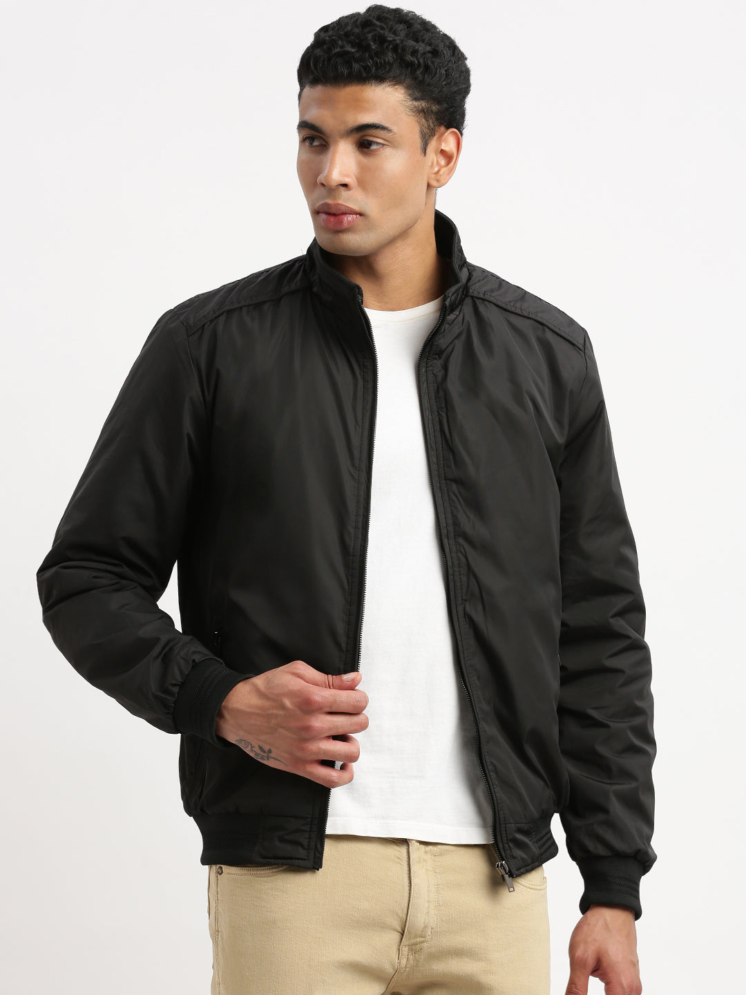 Men Mock Collar Black Solid Bomber Jacket