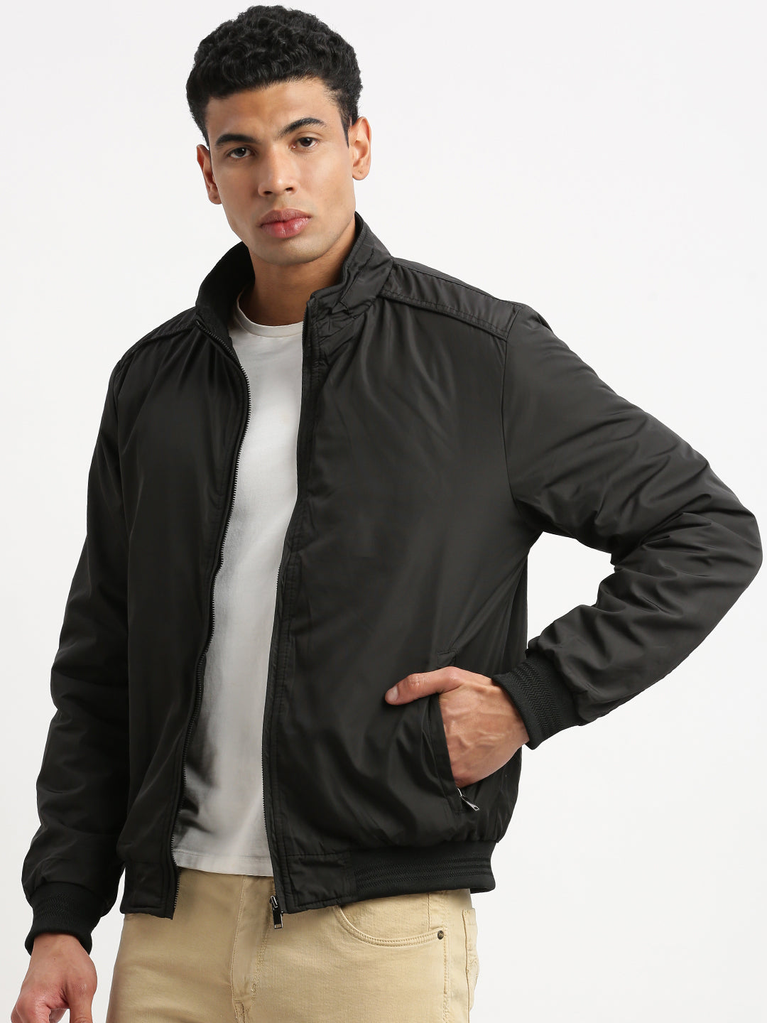 Men Mock Collar Black Solid Bomber Jacket