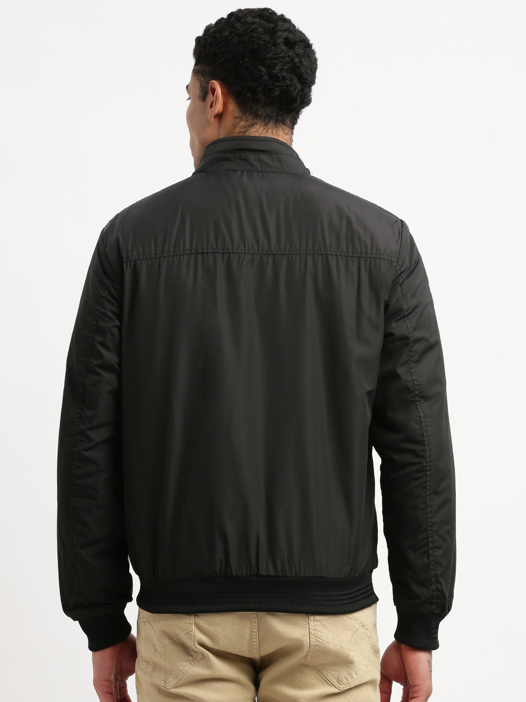 Men Mock Collar Black Solid Bomber Jacket