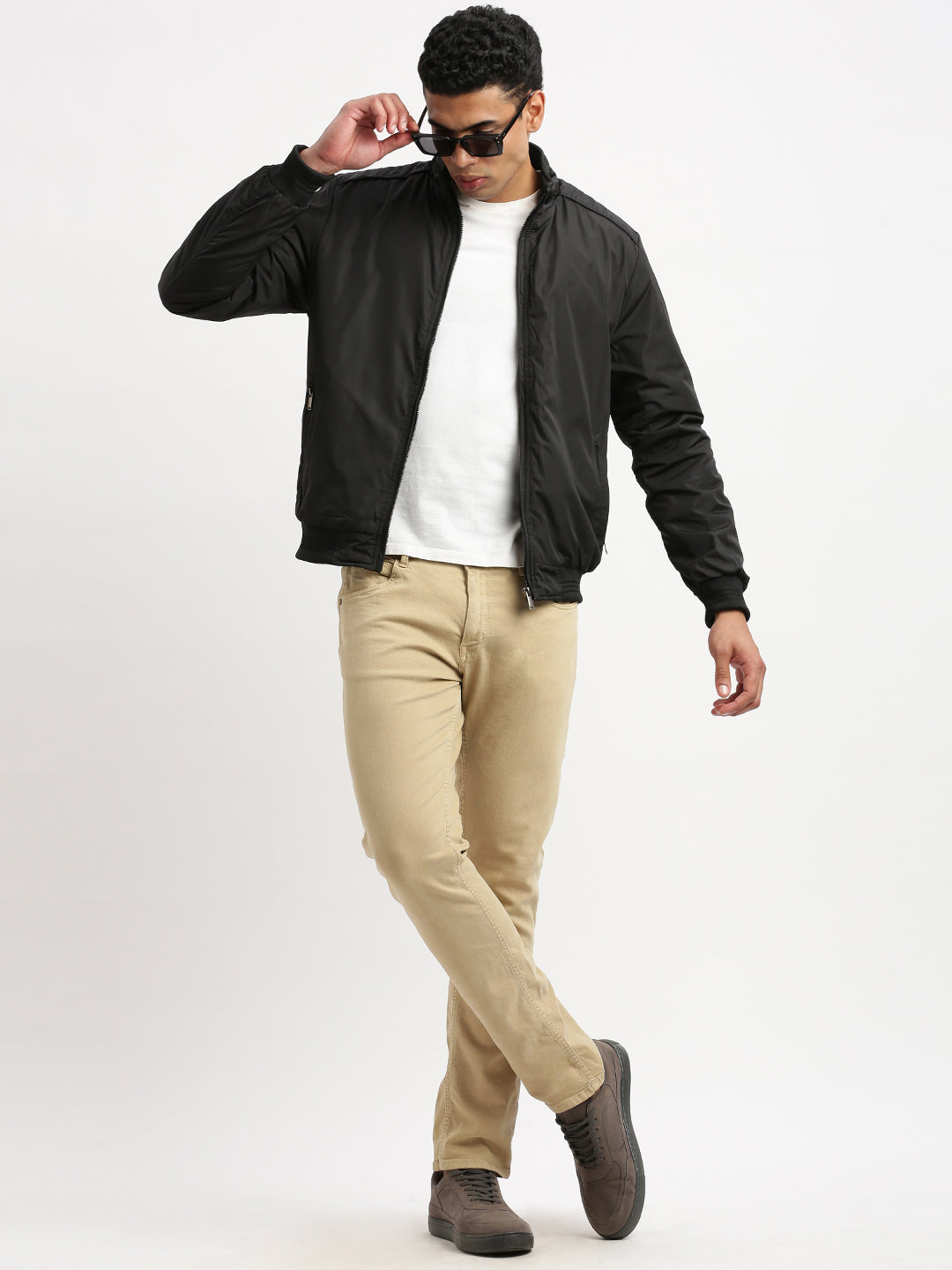 Men Mock Collar Black Solid Bomber Jacket