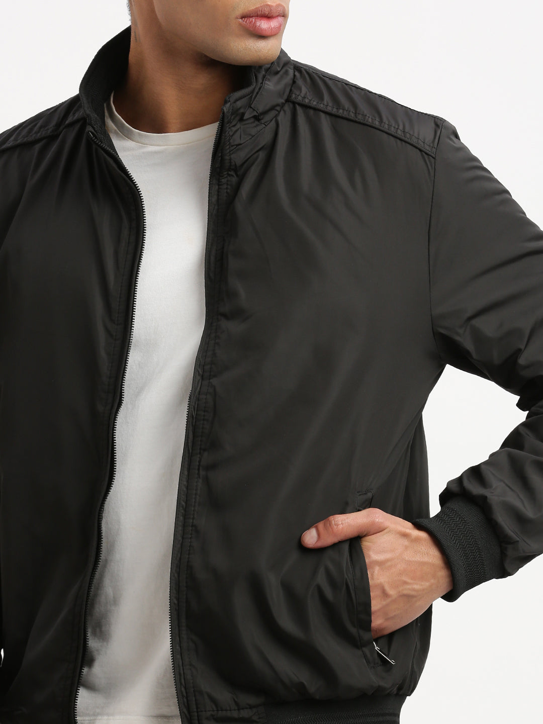 Men Mock Collar Black Solid Bomber Jacket