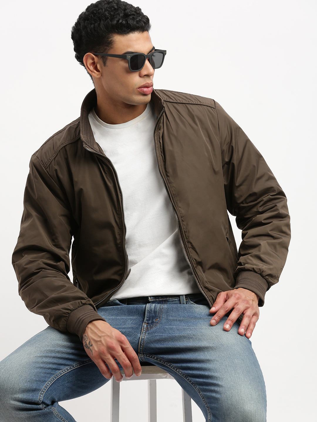 Men Mock Collar Brown Solid Bomber Jacket