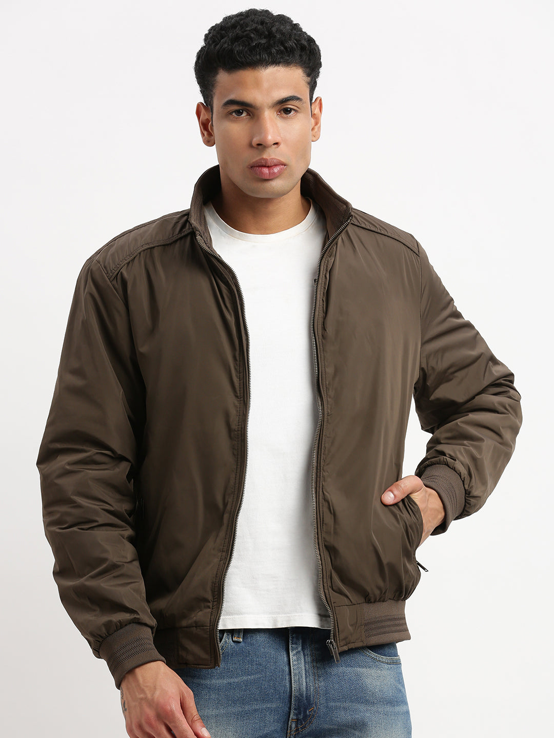 Men Mock Collar Brown Solid Bomber Jacket