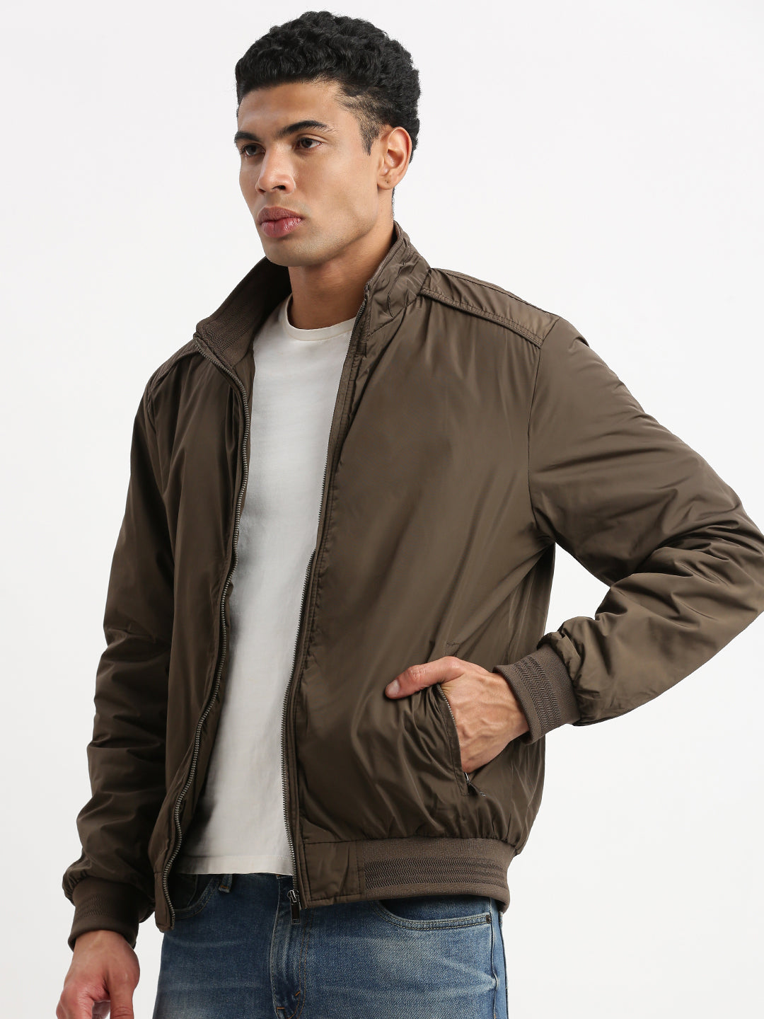 Men Mock Collar Brown Solid Bomber Jacket