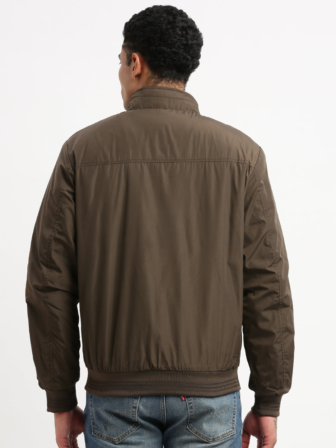 Men Mock Collar Brown Solid Bomber Jacket