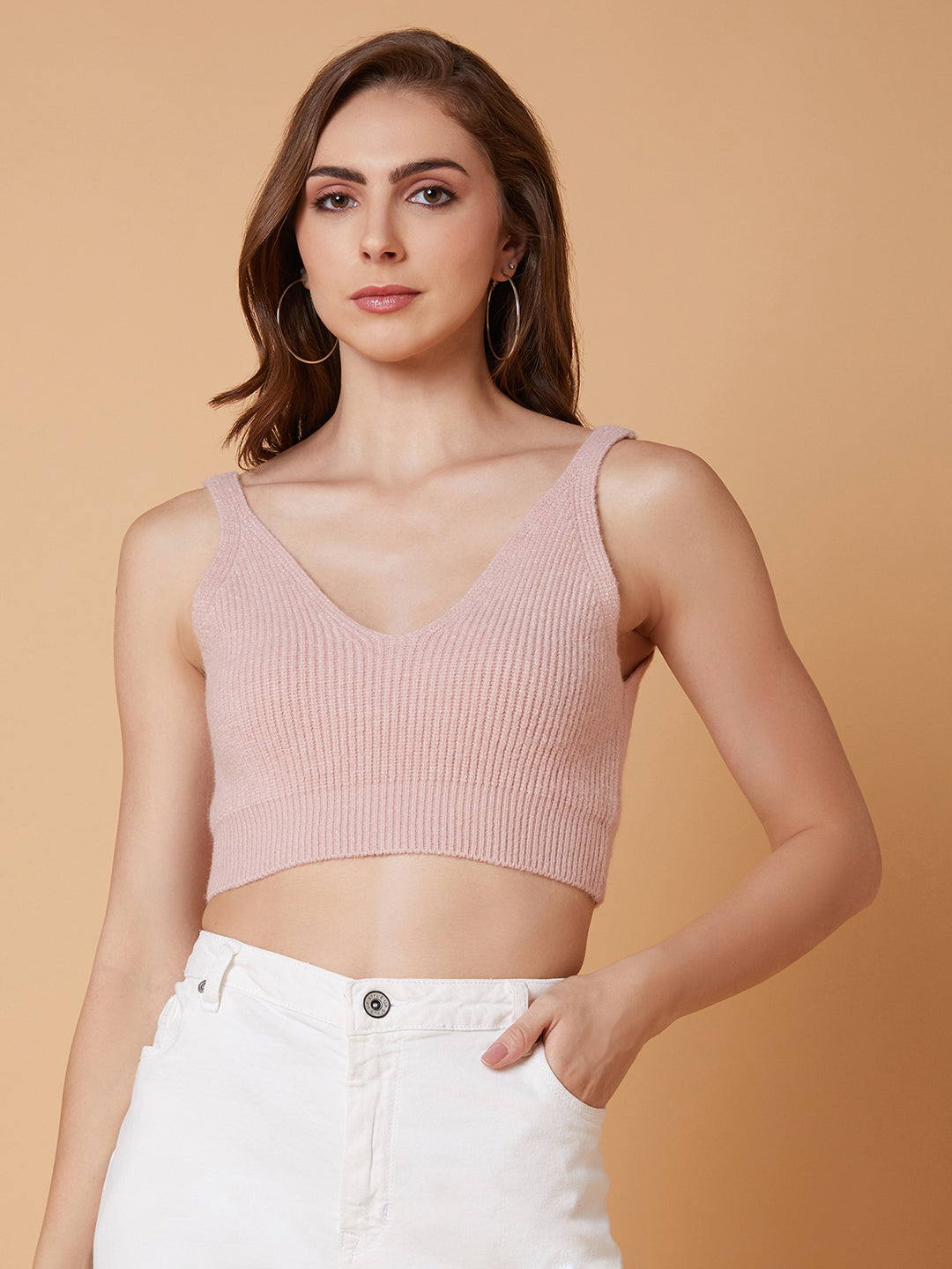 Women Solid Peach Bralette Crop Top