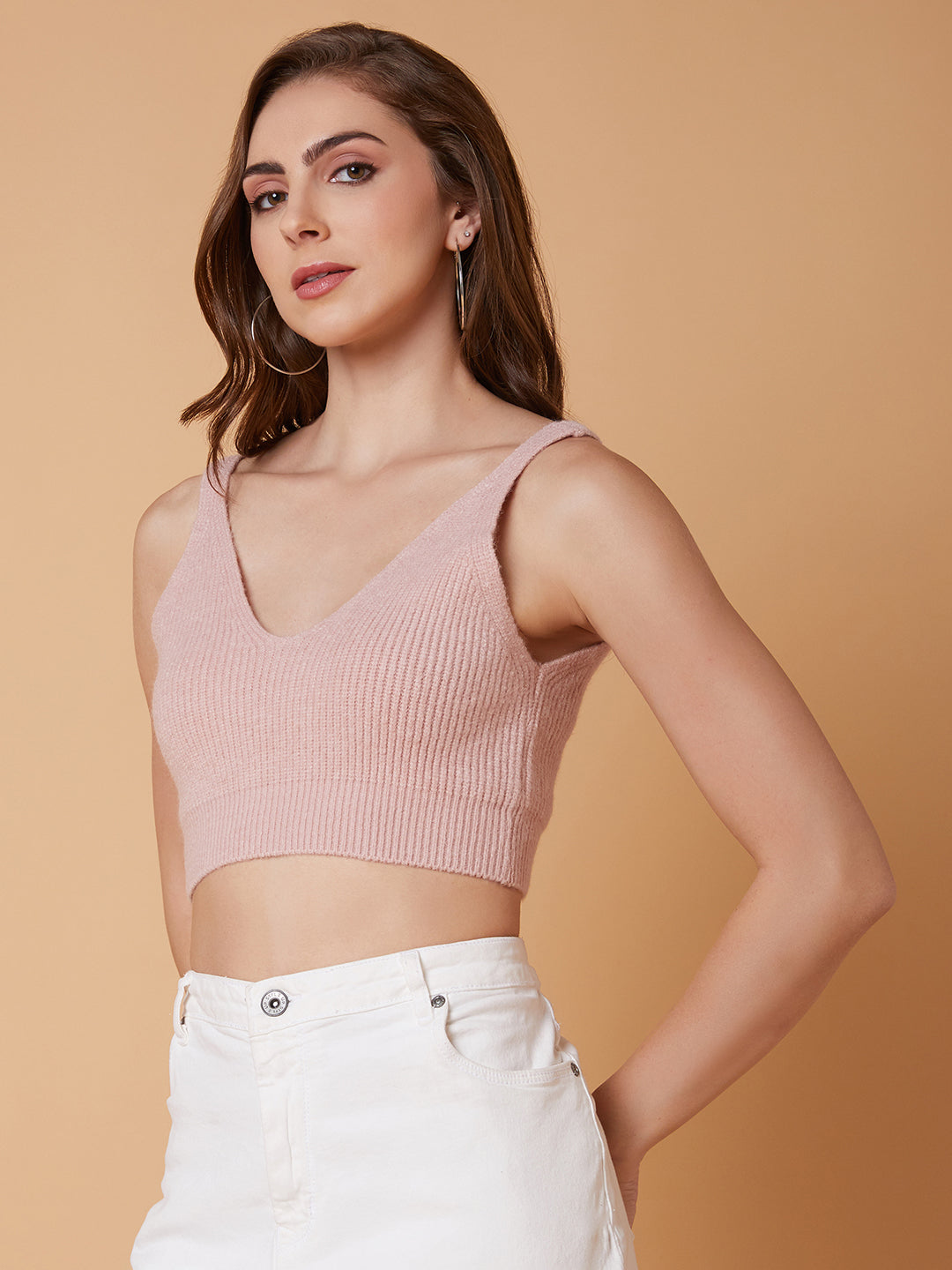 Women Solid Peach Bralette Crop Top