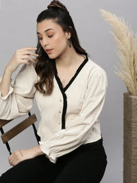 Women's Cream Solid V-Neck Nylon Top