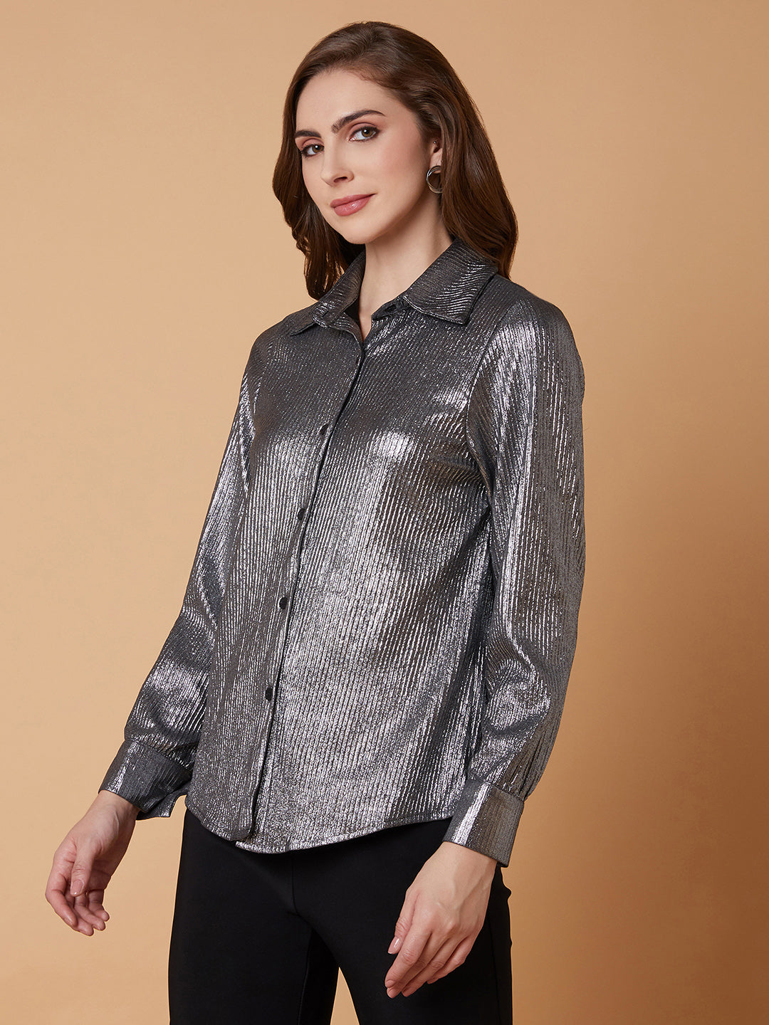 Women Solid Metallic Slim Fit Shirt