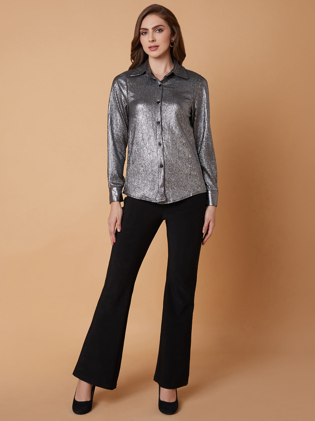 Women Solid Metallic Slim Fit Shirt