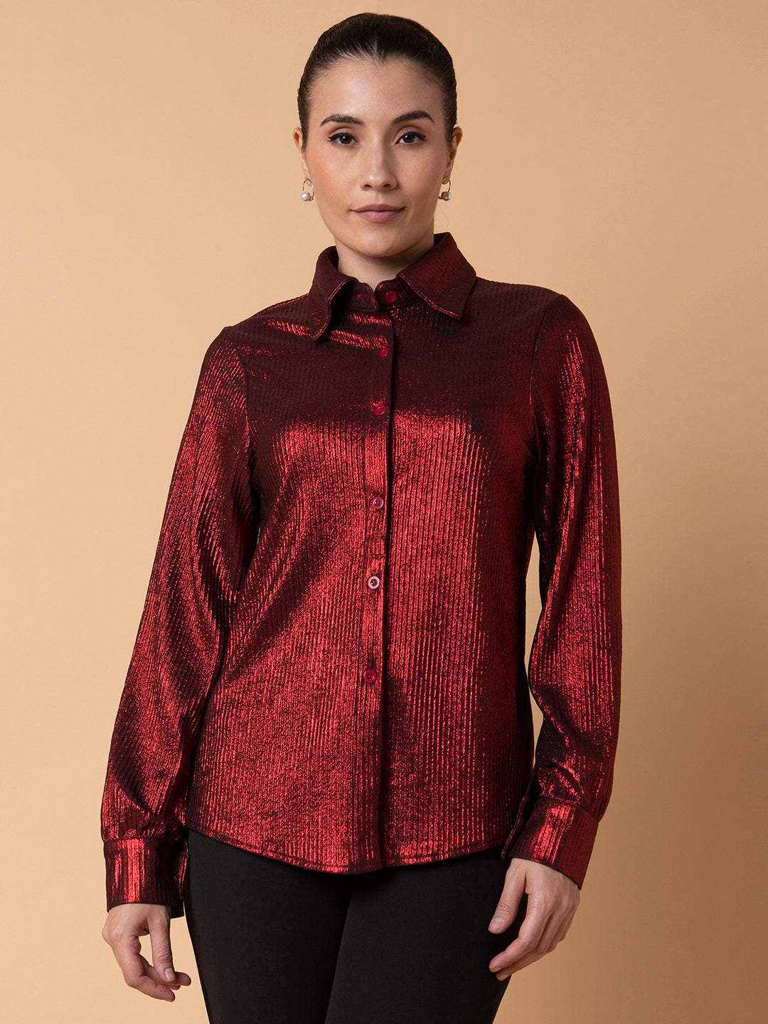 Women Solid Red Slim Fit Shirt