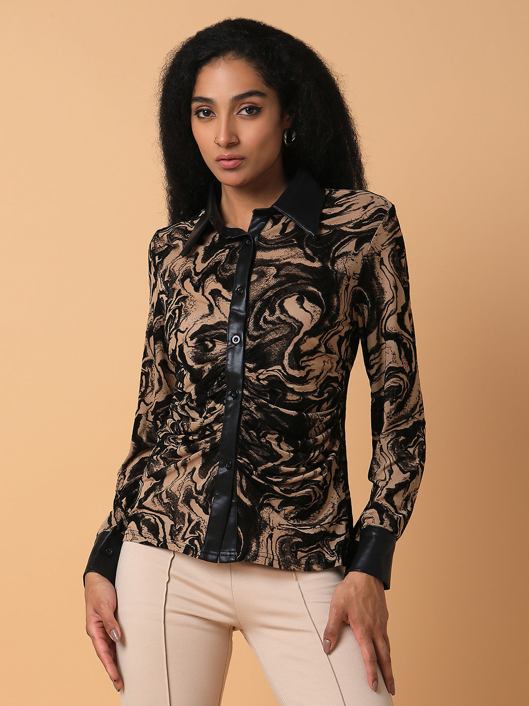 Women Abstract Beige Slim Fit Shirt