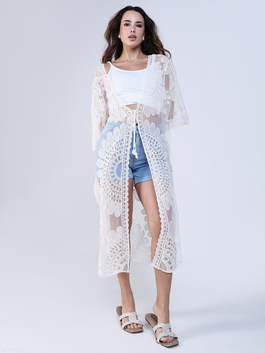 Women Cream Solid Longline Crochet Shrug