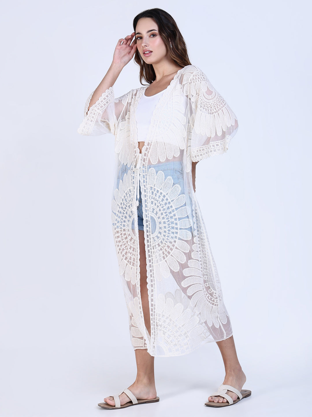 Women Cream Solid Longline Crochet Shrug