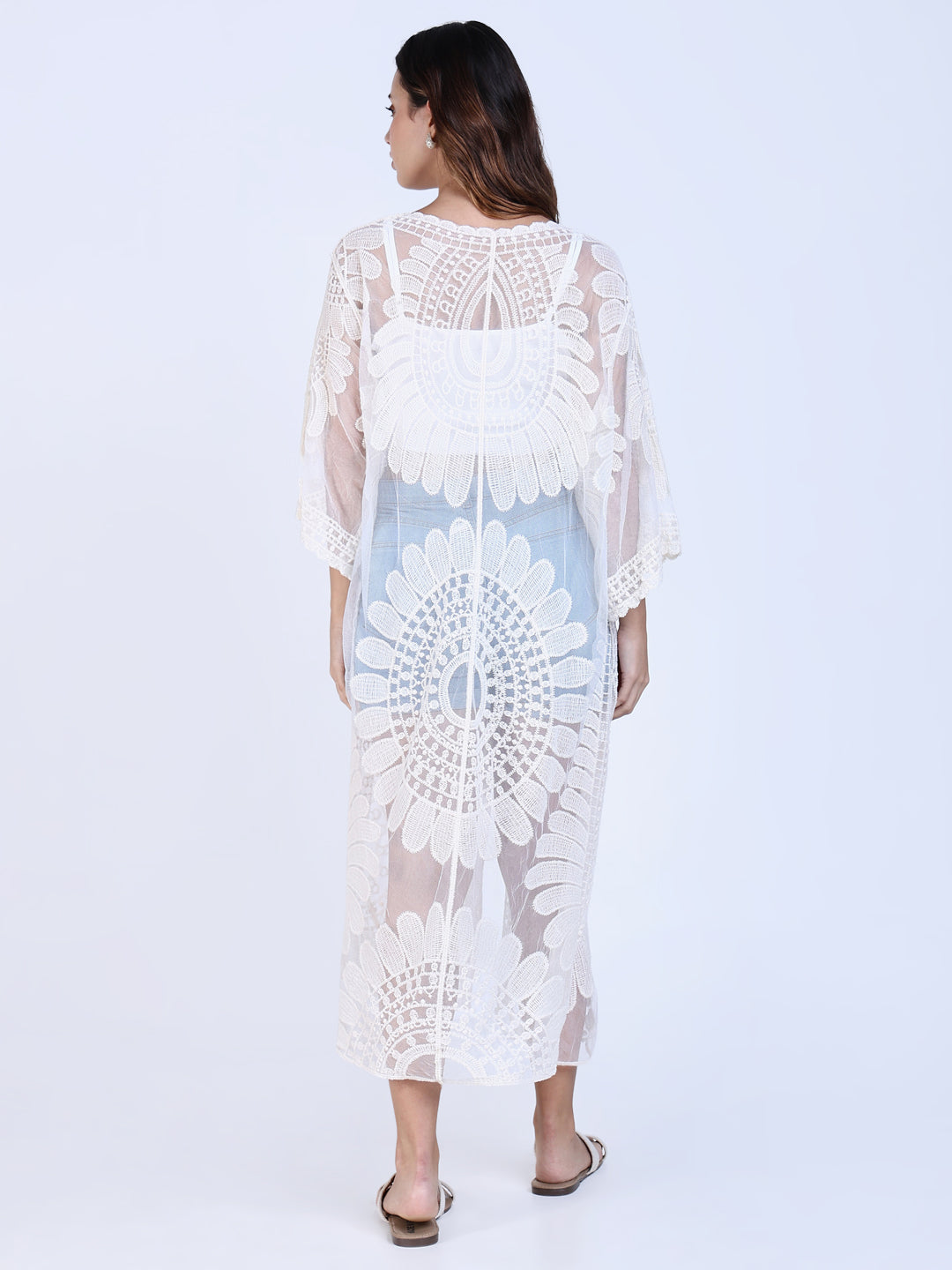 Women Cream Solid Longline Crochet Shrug