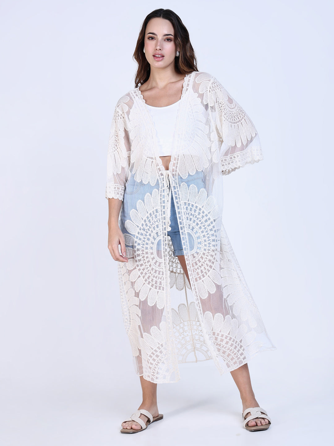 Women Cream Solid Longline Crochet Shrug