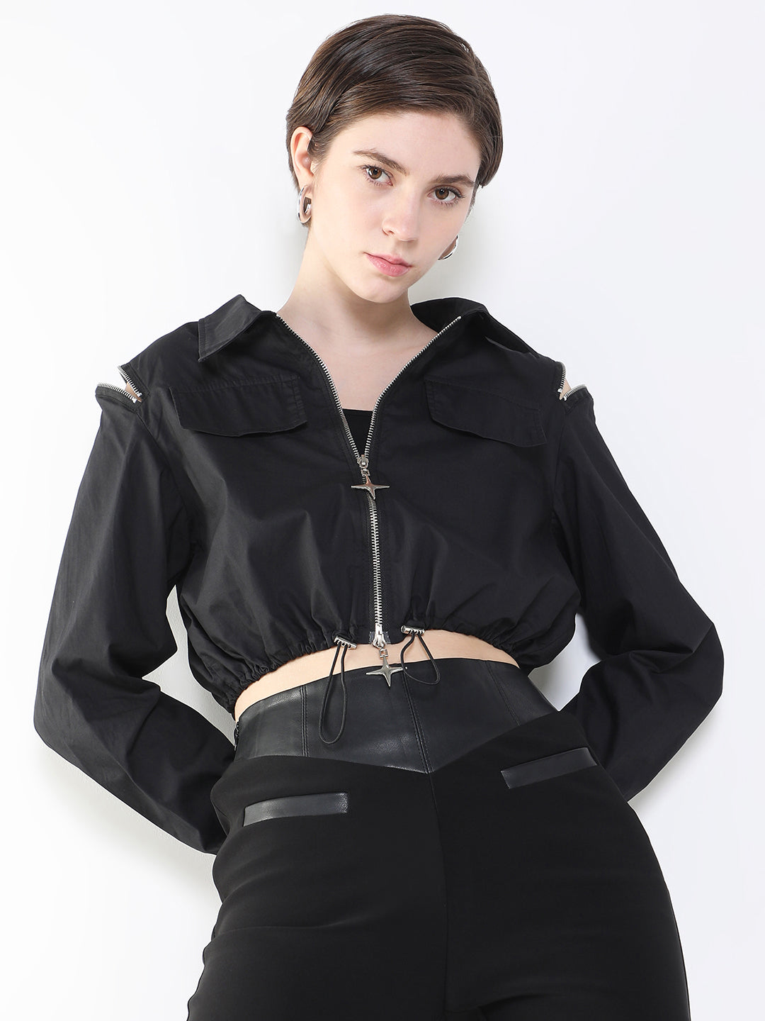 Women Black Crop Tailored Jacket