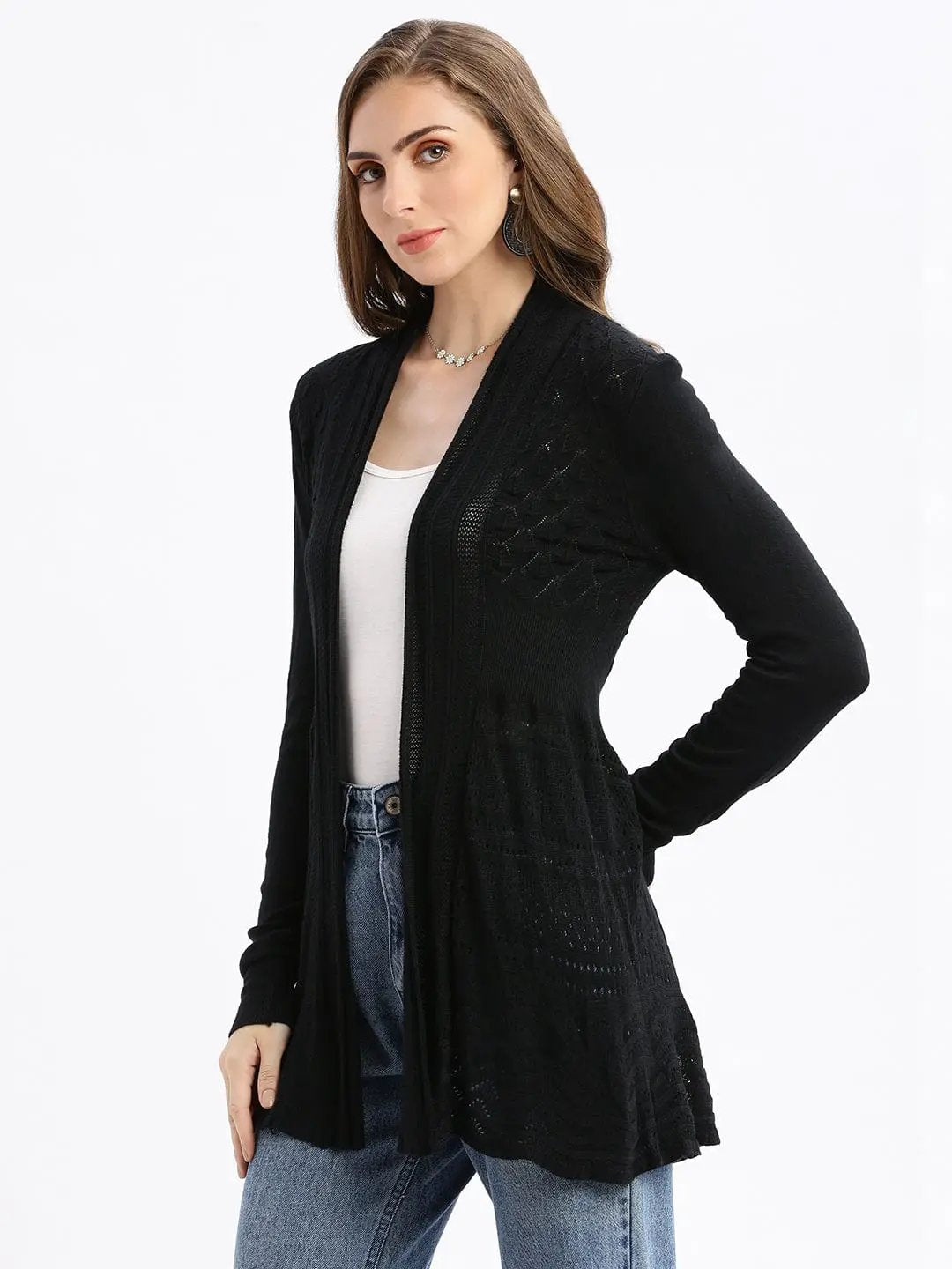 Women's Black Self Design Open Front Longline Shrug