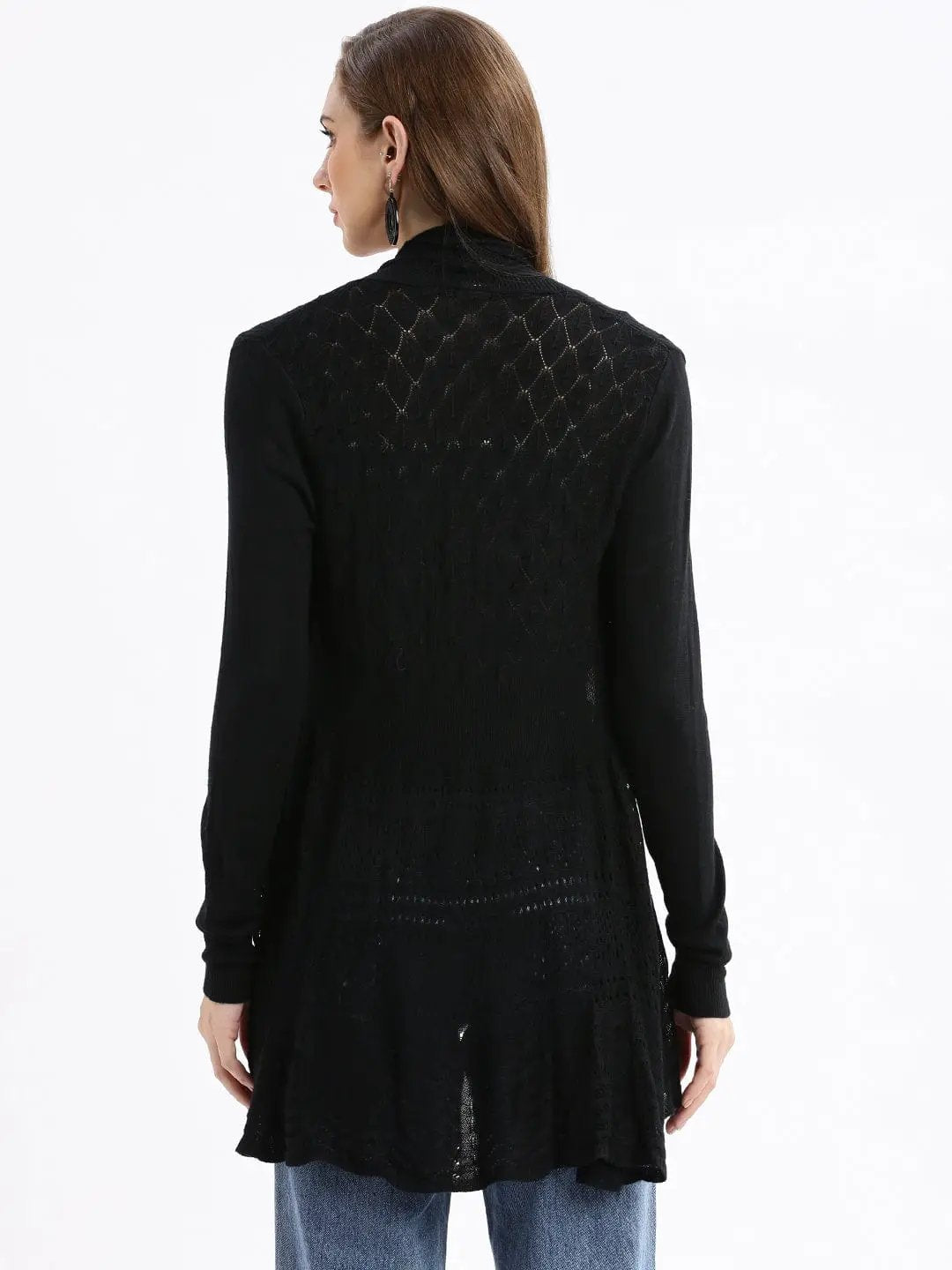 Women's Black Self Design Open Front Longline Shrug